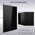 Image showing 20 black 415W solar panels stacked together. Dimensions are 67.9 x 44.7 x 1.4 inches per panel, with each panel weighing 45.1 lbs—please note this is not an actual product description.