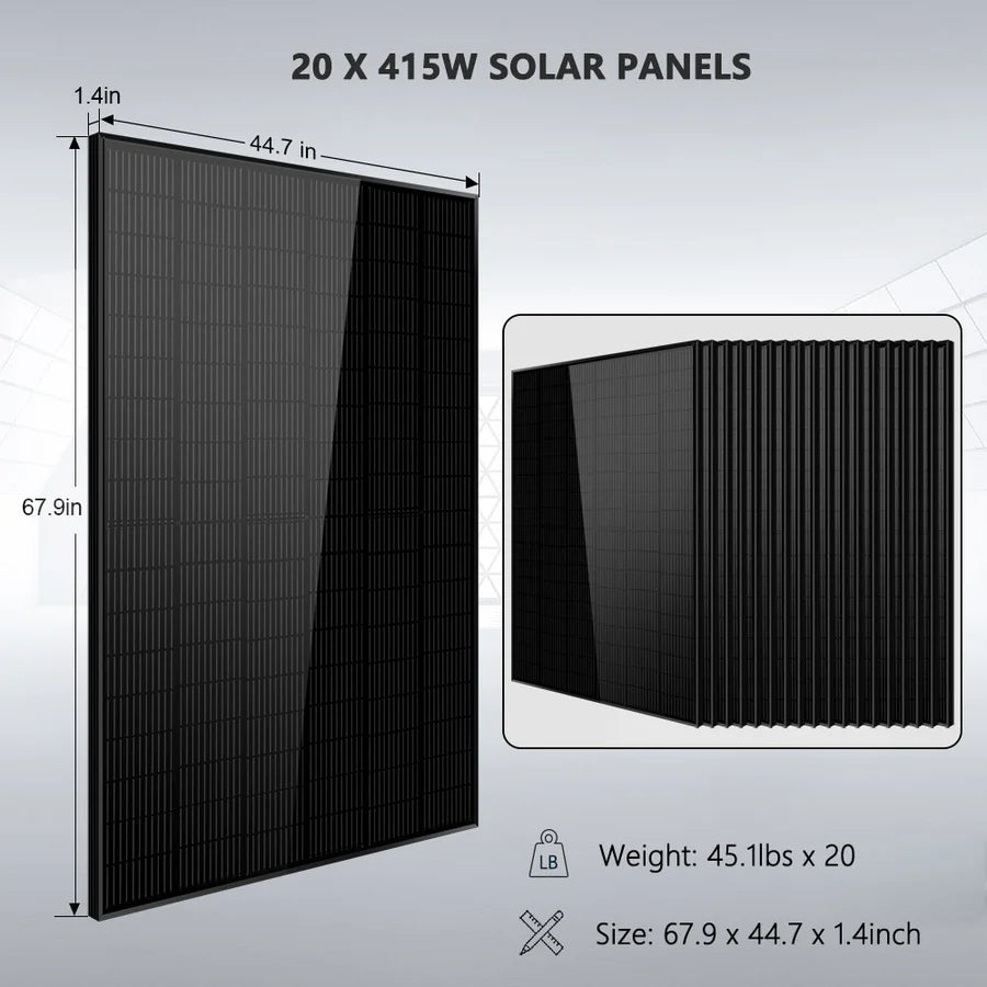 Image showing 20 black 415W solar panels stacked together. Dimensions are 67.9 x 44.7 x 1.4 inches per panel, with each panel weighing 45.1 lbs—please note this is not an actual product description.