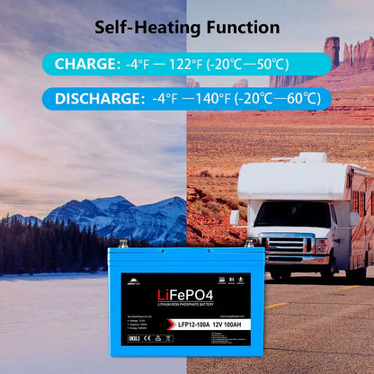 The Sungold Power blue 12V 100Ah LiFePO4 deep cycle battery is shown before snowy mountains and a sunny desert with an RV, featuring advanced BMS, self-heating, and wide temperature performance.