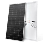 Two large Rich Solar rectangular panels are shown—one faces forward revealing black photovoltaic cells with anti-reflective glass, while the other is angled to display its white back and attached power cables.