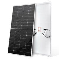 Two large Rich Solar rectangular panels are shown—one faces forward revealing black photovoltaic cells with anti-reflective glass, while the other is angled to display its white back and attached power cables.