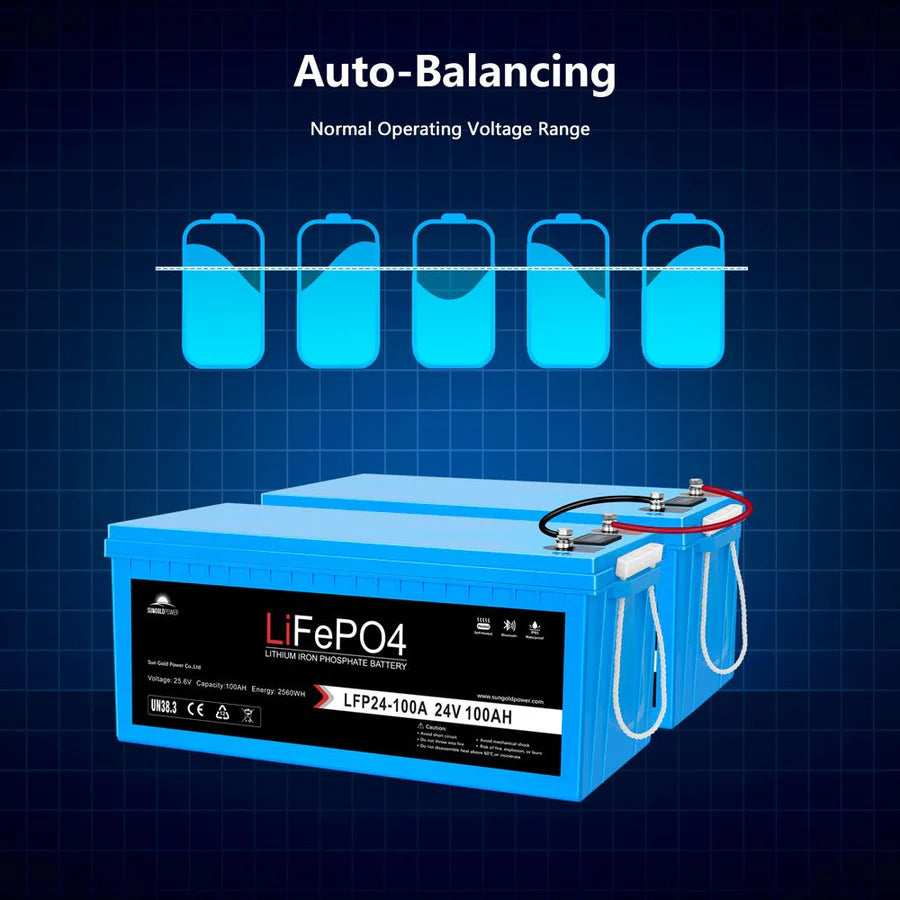 A Sungold Power 24V 100Ah LiFePO4 Battery is pictured with a wiring diagram illustrating auto-balancing across five units. The advanced BMS is highlighted, all set against a dark blue grid background.