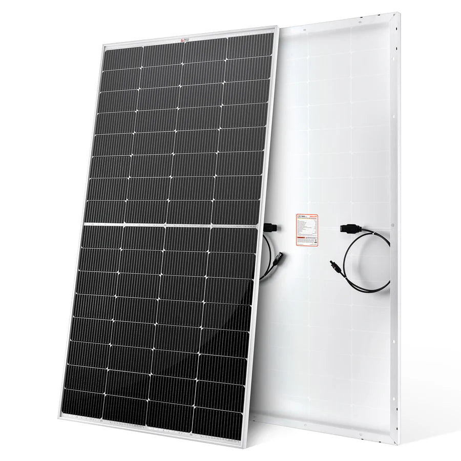 Two Rich Solar panels are shown: one faces forward, displaying its dark grid of photovoltaic cells under anti-reflective glass; the other faces backward, revealing a white backing and electrical connection cables.