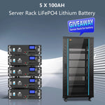 Stack of five server rack lithium batteries beside a black server rack cabinet on wheels, designed with sleek box-shadow effects and smooth border-radius corners. Text reads: 5 x 100AH Server Rack LiFePO4 Lithium Battery GIVEAWAY Server Rack for battery.