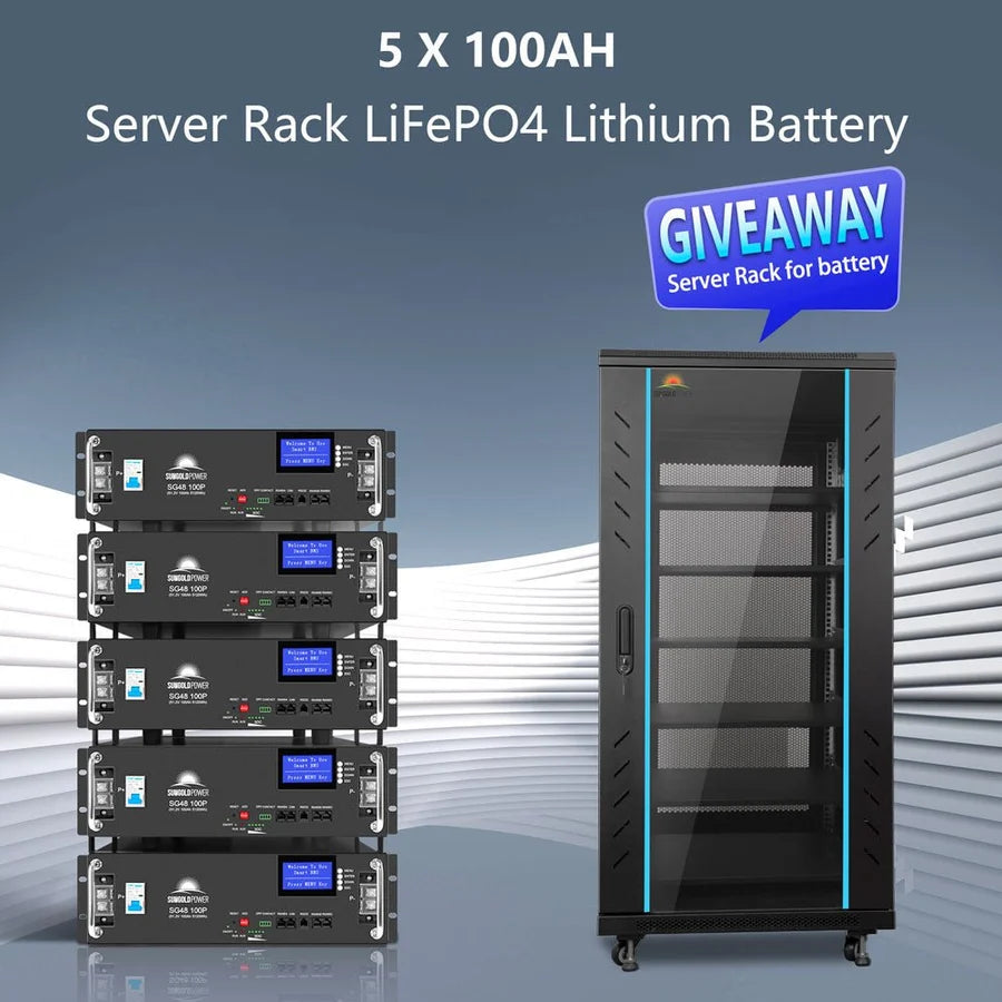 Stack of five server rack lithium batteries beside a black server rack cabinet on wheels, designed with sleek box-shadow effects and smooth border-radius corners. Text reads: 5 x 100AH Server Rack LiFePO4 Lithium Battery GIVEAWAY Server Rack for battery.
