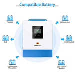 Diagram shows a Sungold Power inverter in the center, with icons for compatibility with Flooded, Gel, AGM/Sealed, Lithium-iron, Lithium-iron Phosphate, and custom batteries—see Specs Sheet for details.