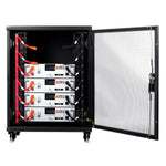 A black server rack with an open mesh door reveals four stacked Rich Solar LiFePO4 battery modules with digital displays, connected by orange and black cables—an advanced energy storage system for green energy solutions.
