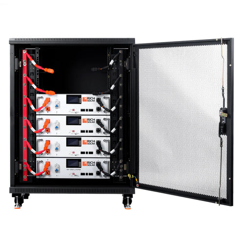 A black server rack with an open mesh door reveals four stacked Rich Solar LiFePO4 battery modules with digital displays, connected by orange and black cables—an advanced energy storage system for green energy solutions.