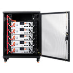 A black Rich Solar server rack cabinet with its door open displays four stacked LiFePO4 battery modules, each featuring digital displays, buttons, and orange power cables—an efficient energy storage solution for modern systems.