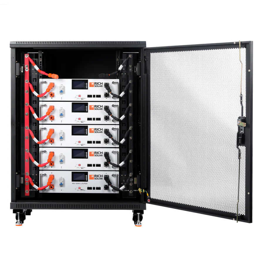 A black Rich Solar server rack cabinet with its door open displays four stacked LiFePO4 battery modules, each featuring digital displays, buttons, and orange power cables—an efficient energy storage solution for modern systems.