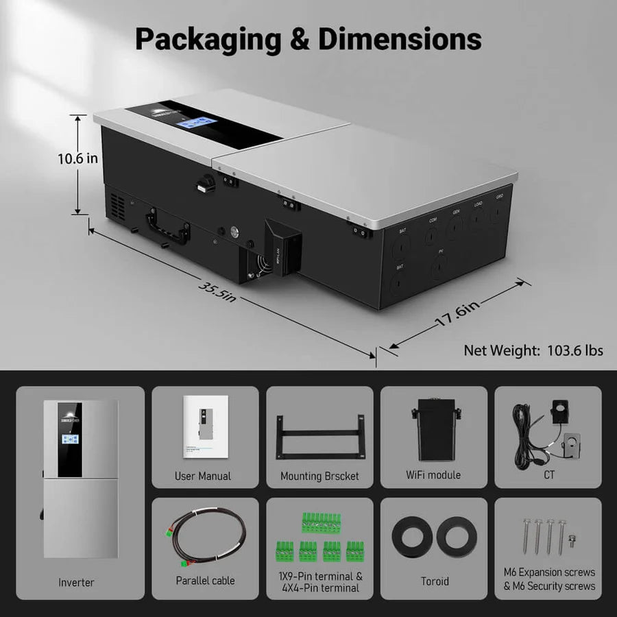 A 11.4KW solar inverter is shown with dimensions of 35.5 in x 17 in x 10.6 in, ideal for use in an off-grid hybrid solar system. Below are labeled images of included items: user manual, cables, mounting bracket, wifi module, terminal blocks, CT, toroid, and screws.