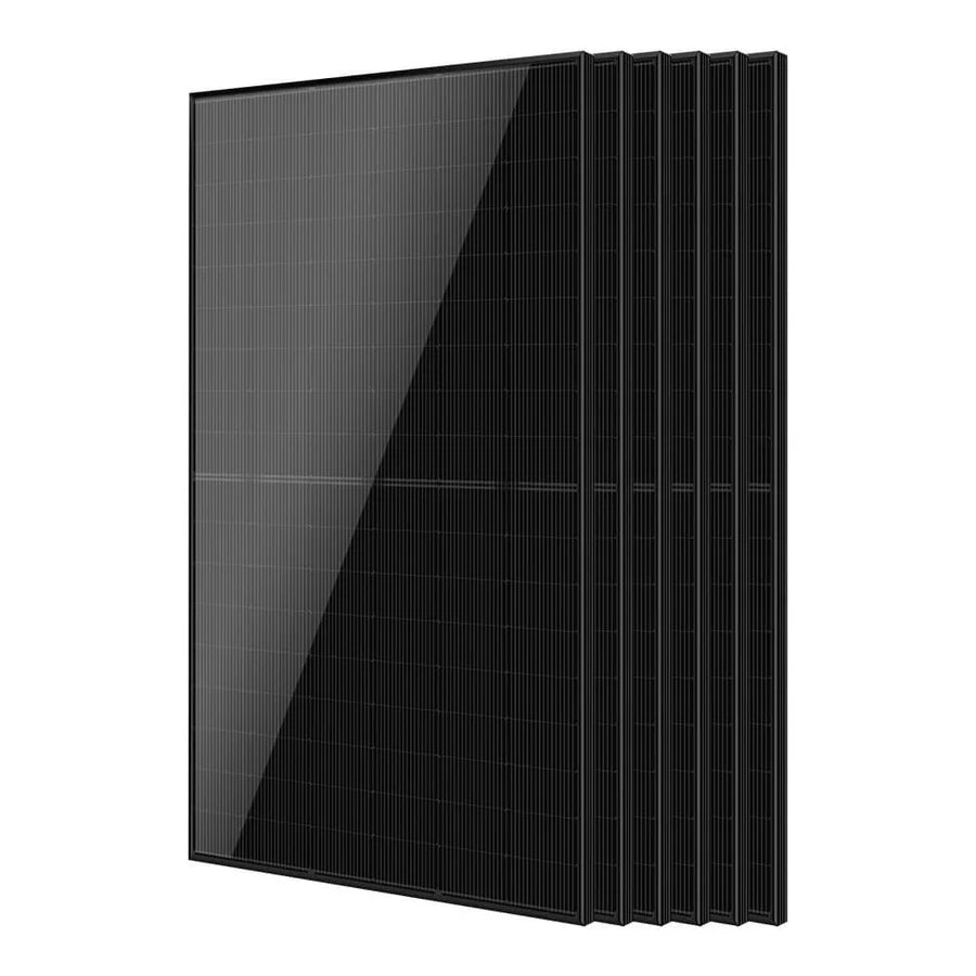 Five black solar panels are stacked together at an angle, showing their sleek, ink-like reflective surfaces and thin grid lines on each panel. The background is plain and white.