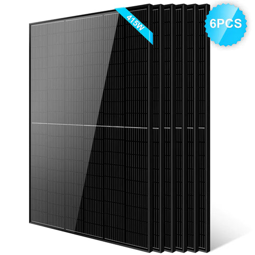 A set of six sleek black Sungold Power solar panels with Monocrystalline PERC tech stands upright. The top panel has a blue 415W label and a 6PCS badge, making them ideal for any off-grid system.