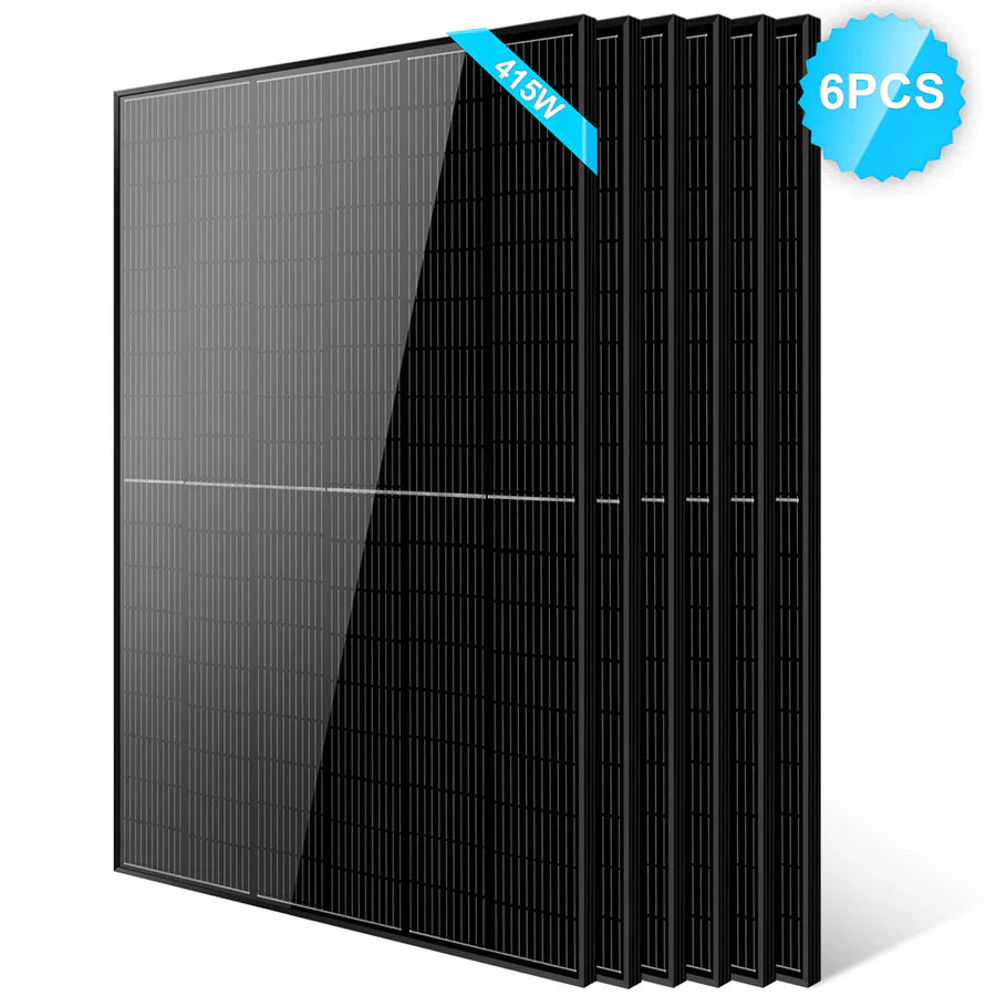 A set of six sleek black Sungold Power solar panels with Monocrystalline PERC tech stands upright. The top panel has a blue 415W label and a 6PCS badge, making them ideal for any off-grid system.
