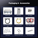 Grid of images labeled “Packaging & Accessories” for Sungold Power home energy storage showing: shipping crate, lithium battery pack, user manual, battery communication cable, grounding cable, two power cable sets, wall bracket, expansion screws (2), and mounting screws.