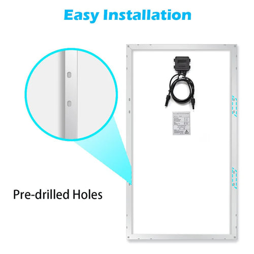 Sungold Power rectangular monocrystalline solar panel shown from the back with highlighted pre-drilled mounting holes; close-up inset displays holes. Cable and instruction sheet attached. Blue text: Easy Installation.