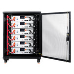 A black metal server rack with an open mesh door reveals six horizontally stacked Rich Solar battery management units, each featuring LiFePO4 technology, digital displays, and connecting cables.