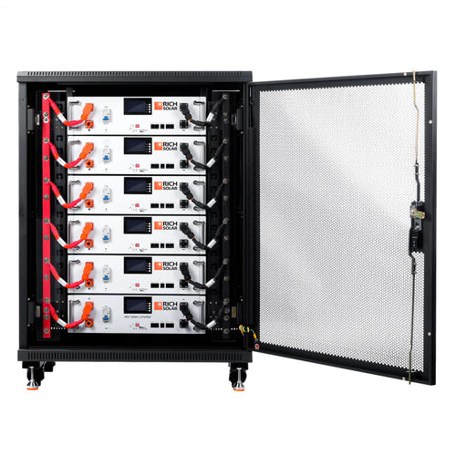 A black metal server rack with an open mesh door reveals six horizontally stacked Rich Solar battery management units, each featuring LiFePO4 technology, digital displays, and connecting cables.
