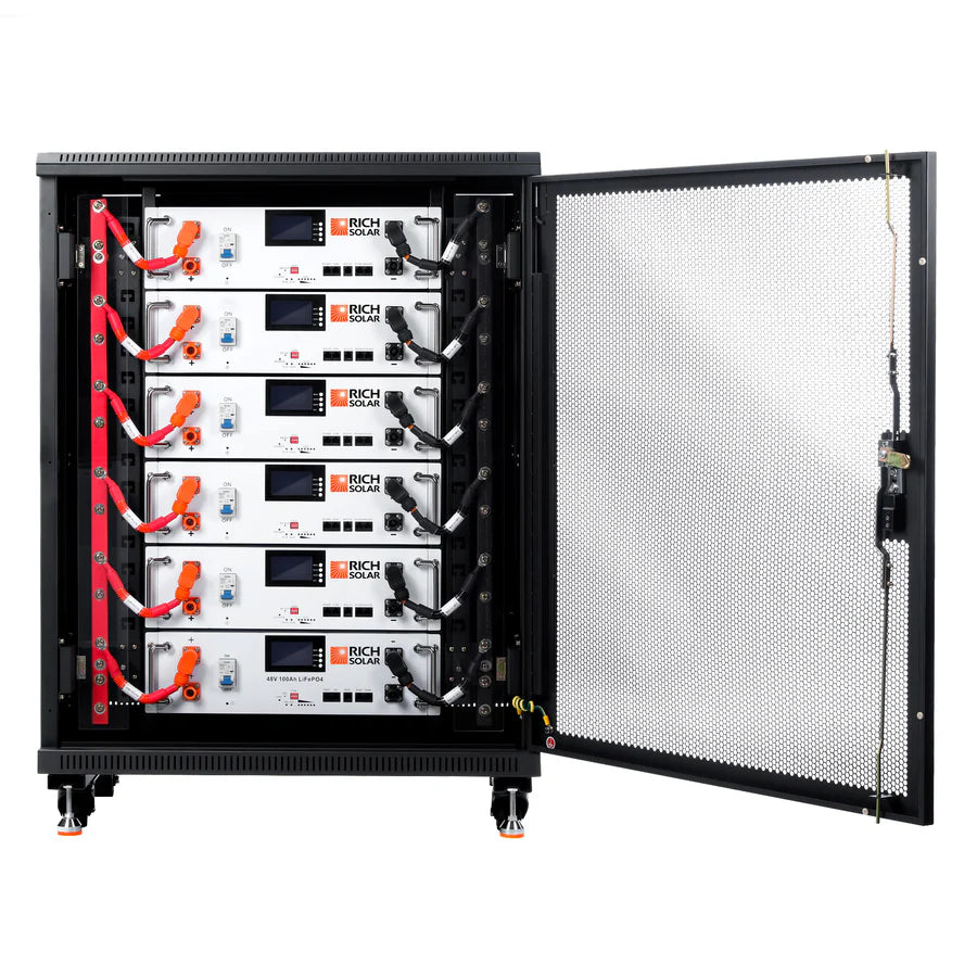 A black metal server rack with an open mesh door reveals six horizontally stacked Rich Solar battery management units, each featuring LiFePO4 technology, digital displays, and connecting cables.