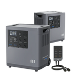Two gray Mango Power portable power stations with control panels and multiple outlets are shown, featuring LFP battery cells for safety, alongside a small black remote with four power sockets and an attached cable.