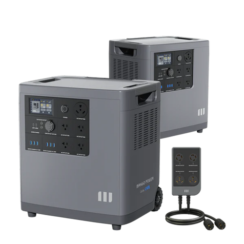 Two gray Mango Power portable power stations with control panels and multiple outlets are shown, featuring LFP battery cells for safety, alongside a small black remote with four power sockets and an attached cable.