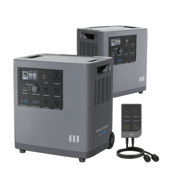 Two gray Mango Power portable power stations with control panels and multiple outlets are shown, featuring LFP battery cells for safety, alongside a small black remote with four power sockets and an attached cable.