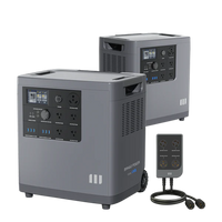 Two gray Mango Power portable power stations with control panels and multiple outlets are shown, featuring LFP battery cells for safety, alongside a small black remote with four power sockets and an attached cable.