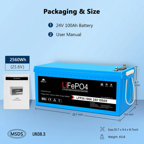 A Sungold Power blue 24V 100Ah LiFePO4 Battery with BMS is shown, displaying labeled dimensions, user manual, MSDS and UN38.3 icons, 2560Wh energy capacity, and a weight of 45 lb.