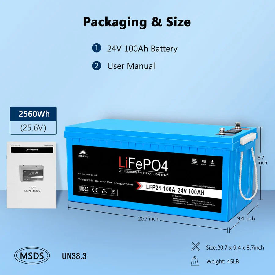 A Sungold Power blue 24V 100Ah LiFePO4 Battery with BMS is shown, displaying labeled dimensions, user manual, MSDS and UN38.3 icons, 2560Wh energy capacity, and a weight of 45 lb.