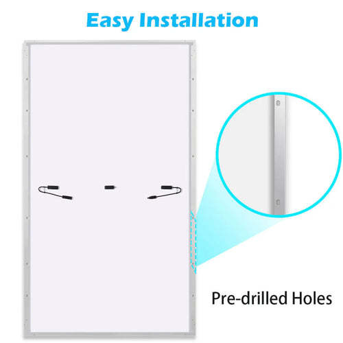 A Sungold Power solar panel viewed from the back, with a close-up highlighting pre-drilled holes along the frame for easy installation. Text reads: Easy Installation and Pre-drilled Holes—ideal for any solar kit.