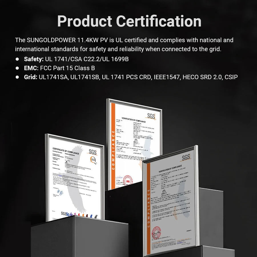 Four framed certification documents are displayed on black stands. White text above highlights product certifications for safety, EMC, and grid compliance, specifying standards like UL1741 and FCC Part 15 Class B. These certifications underscore the reliability of our 48V split phase hybrid inverter for integration into off-grid hybrid solar systems.