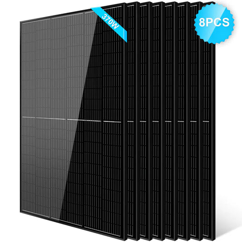 Eight Sungold Power high-efficiency PERC monocrystalline panels stand upright in a row. A blue label on the top left reads 370W, and a blue badge on the top right says 8PCS—ideal for off-grid solar systems.