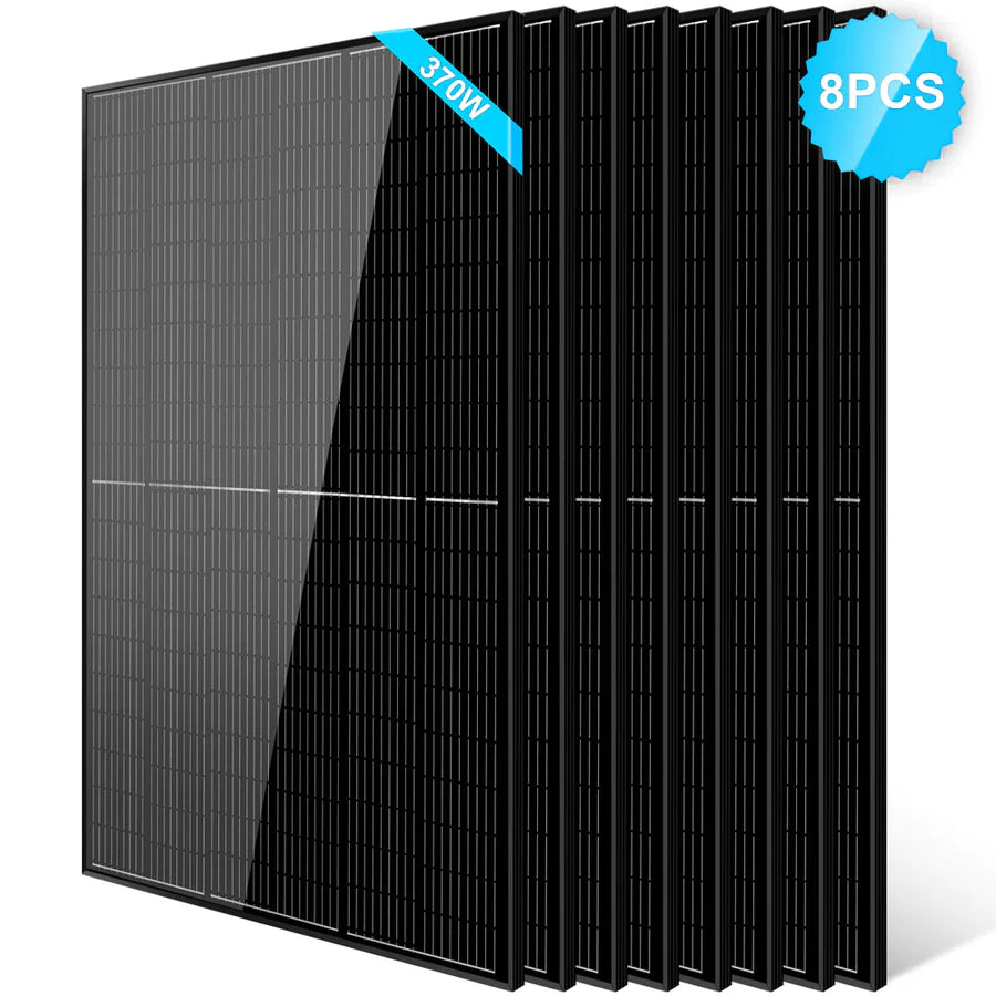 Eight Sungold Power high-efficiency PERC monocrystalline panels stand upright in a row. A blue label on the top left reads 370W, and a blue badge on the top right says 8PCS—ideal for off-grid solar systems.