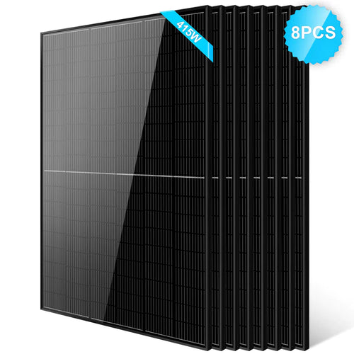 A set of eight upright black Sungold Power monocrystalline PERC solar panels, each marked with a blue 415W label and an 8PCS badge, perfect for off-grid systems.