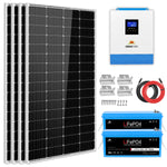 The Sungold Power solar kit includes four black monocrystalline panels, a white-and-blue 3000W inverter, cabling, mounting hardware, and two blue Bluetooth LiFePO4 batteries for a complete solar power system.