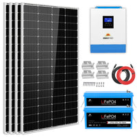 The Sungold Power solar kit includes four black monocrystalline panels, a white-and-blue 3000W inverter, cabling, mounting hardware, and two blue Bluetooth LiFePO4 batteries for a complete solar power system.
