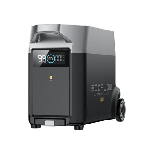 An Ecoflow Delta Pro portable smart extra battery with a digital display, dark gray design, and wheels for easy transport—perfect for off-grid power—displayed on a plain white background.