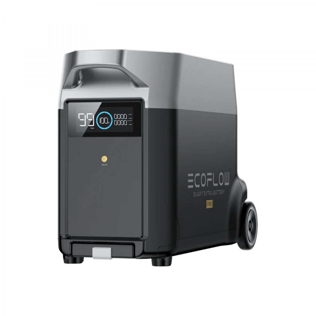 The EcoFlow Delta Pro Extra Battery is a portable smart power solution in black with a digital display and dual wheels for easy transport, displayed against a plain white background.