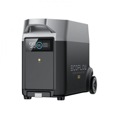 The EcoFlow Delta Pro Extra Battery is a portable smart power solution in black with a digital display and dual wheels for easy transport, displayed against a plain white background.