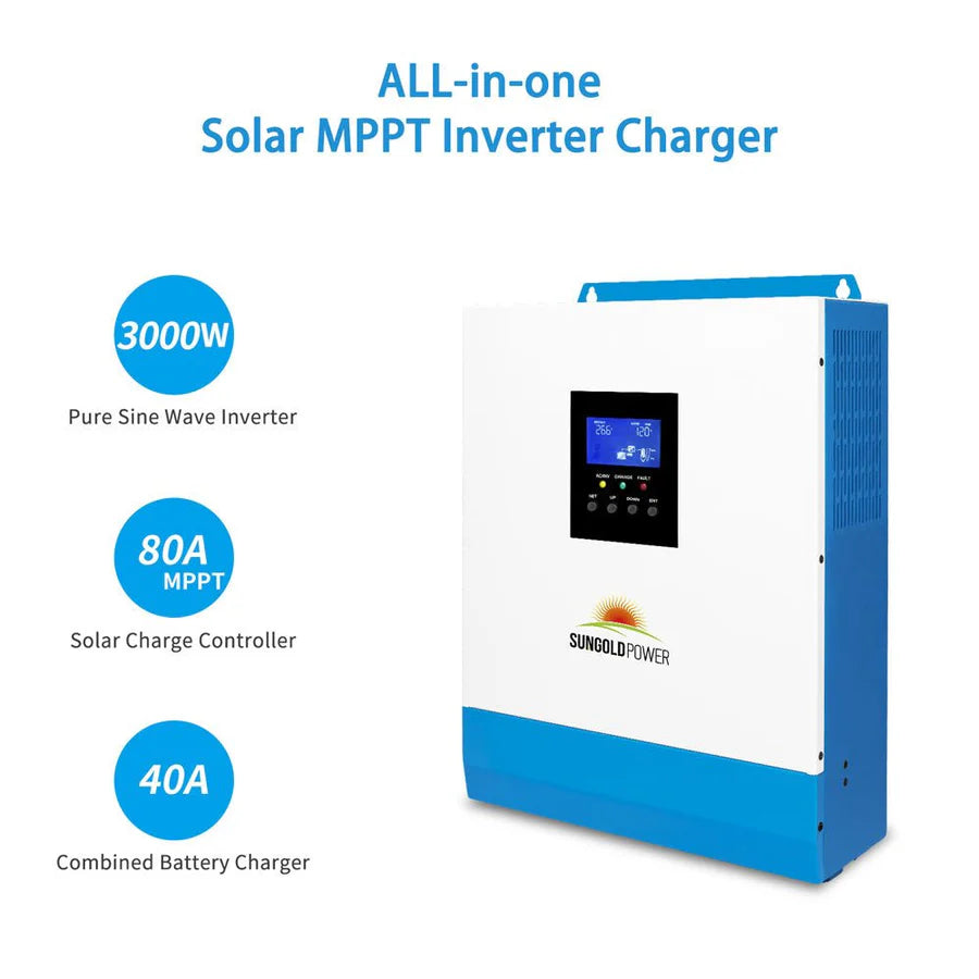 A Sungold Power blue and white 3000W solar inverter charger with digital display, pure sine wave output, 80A MPPT solar charge controller, and 40A battery charger—perfect for use with monocrystalline solar panels.