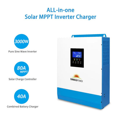 A Sungold Power blue and white 3000W solar inverter charger with digital display, pure sine wave output, 80A MPPT solar charge controller, and 40A battery charger—perfect for use with monocrystalline solar panels.