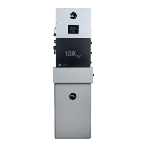 Tall, rectangular device labeled EG4 18K PV with display screen, buttons, and logo. This energy storage system is the BigBattery EG4 PowerPro for residential power management or energy storage.