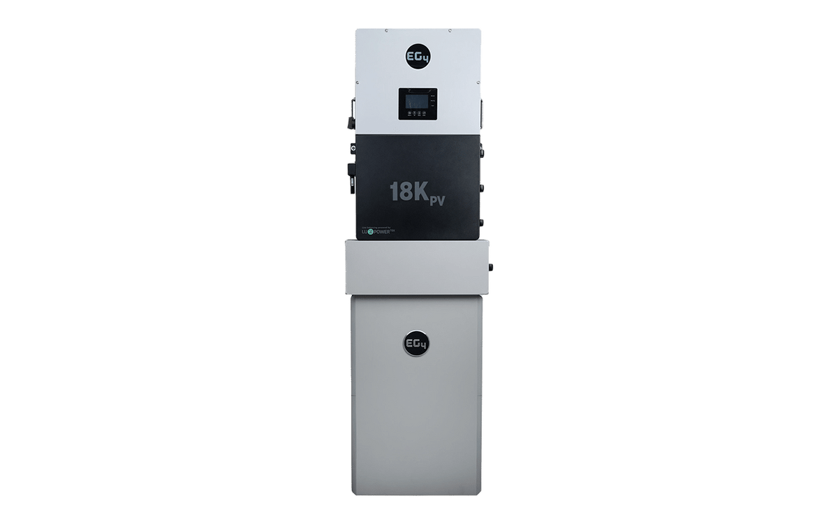 Tall, rectangular device labeled EG4 18K PV with display screen, buttons, and logo. This energy storage system is the BigBattery EG4 PowerPro for residential power management or energy storage.