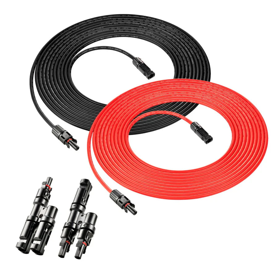 Two coiled solar extension cables (black and red) with MC4 connectors, plus four extra MC4 branch connectors, ideal for connecting portable solar panels to your Ecoflow Delta Max or other solar generator.