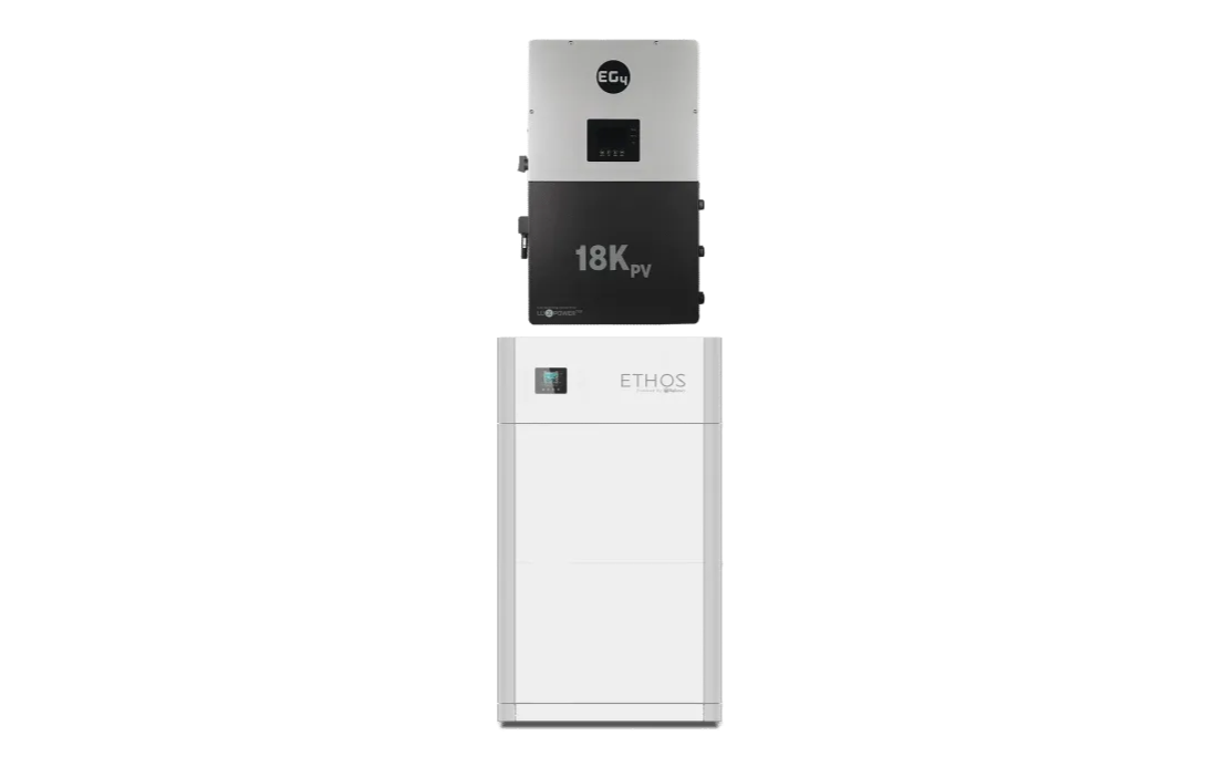 A sleek, modern energy storage unit labeled 18KPV with a digital display and the brand name BigBattery on a white lower compartment, designed for off-grid power or as a tiny home battery, shown against a black background.