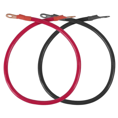 Two thick Rich Solar cables, one red and one black, each with metal ring terminals on both ends, are looped and overlap in the middle—perfect for connecting a power inverter or 12V DC outlet in an off-grid solar system.