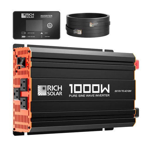 The Rich Solar 1000W power inverter, in black and orange, includes a control panel and two coiled cables for DC12V to AC120V conversion—perfect for off-grid use.
