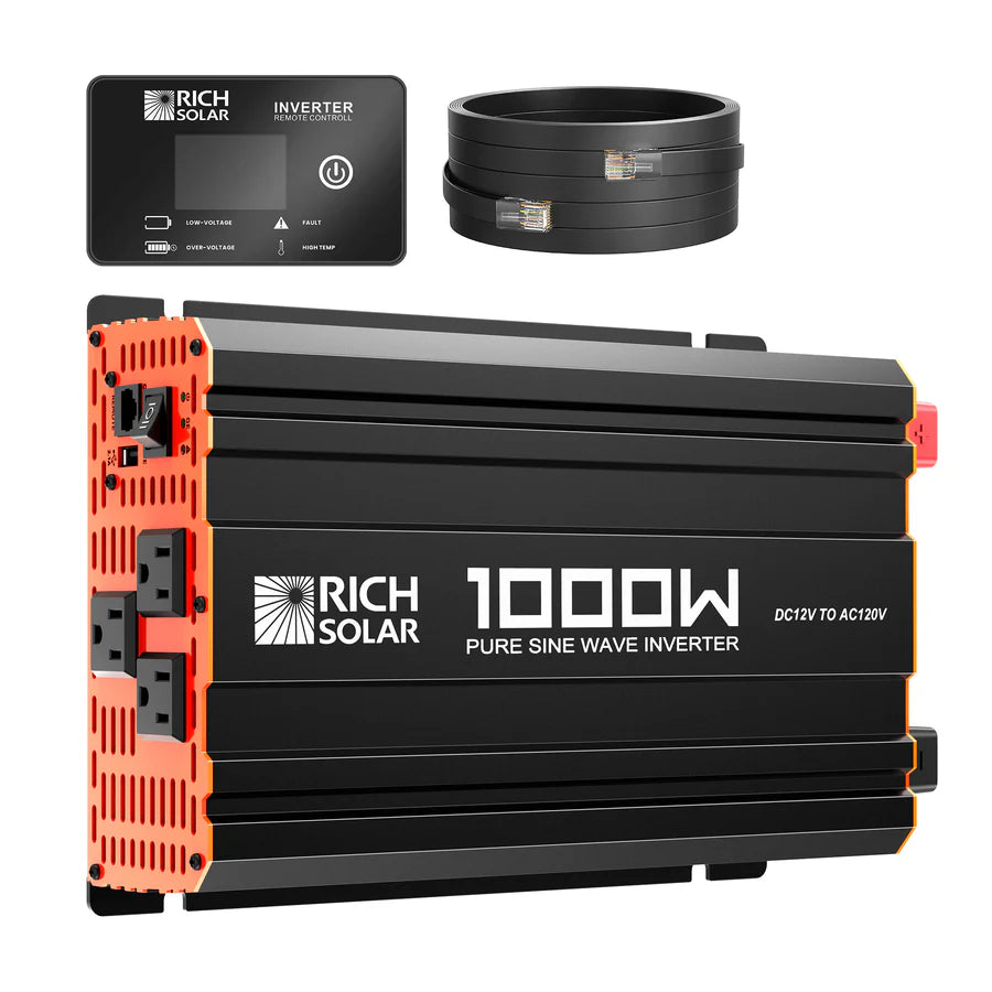 The Rich Solar 1000W power inverter, in black and orange, includes a control panel and two coiled cables for DC12V to AC120V conversion—perfect for off-grid use.