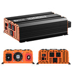 A black and orange 1000W Rich Solar power inverter is shown from three angles, featuring AC outlets, USB ports, a cooling fan, and DC input terminals—perfect for off-grid use.