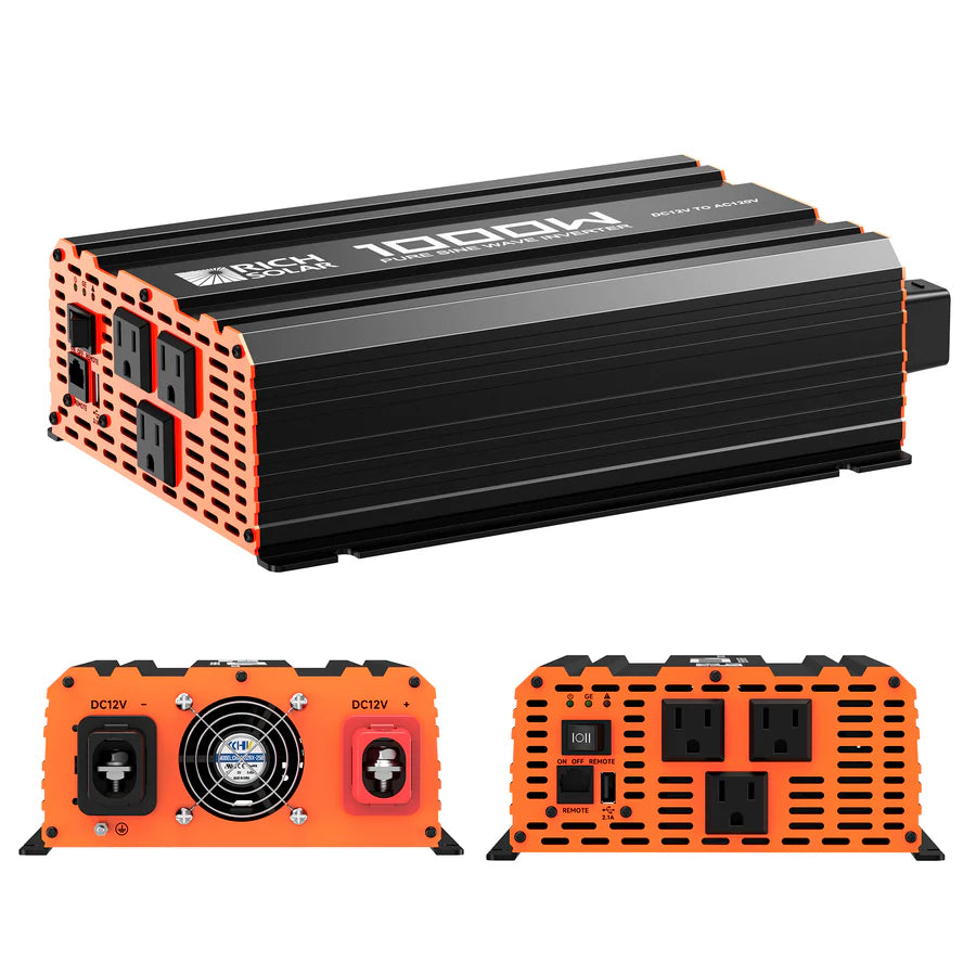 A black and orange 1000W Rich Solar power inverter is shown from three angles, featuring AC outlets, USB ports, a cooling fan, and DC input terminals—perfect for off-grid use.